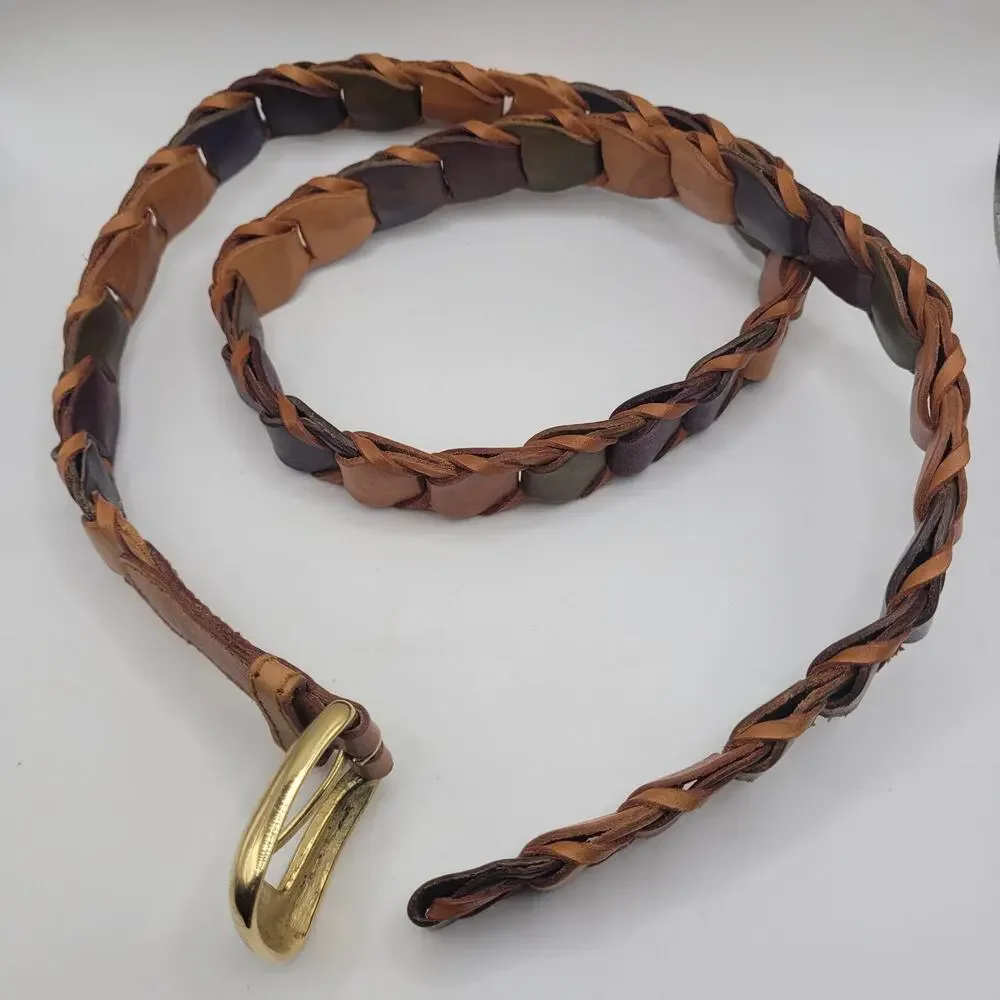 Colorful Leather‎ Belt XL Brown Blue Braided Woven Boho Vintage 80s Festival